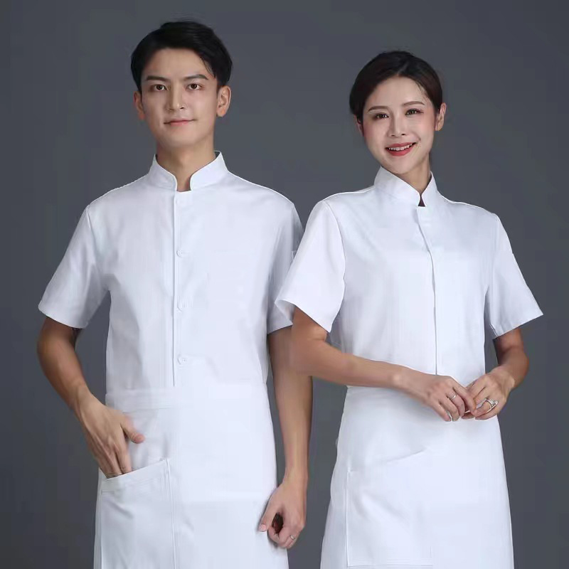 Stand-Up Collar Single-Breasted Simple Chef Work Uniform for School Canteens, Breathable and Structured Cotton Short-Sleeve for Men and Women, Suitable for Summer