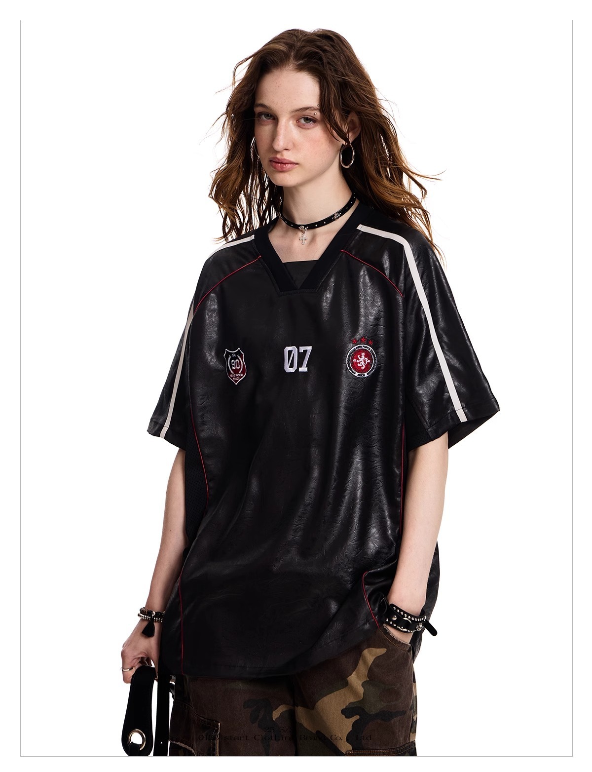 American-style Sports Short-sleeve T-shirt For Men Women, Loose And Breathable, Summer PU Leather Patchwork Hip-hop_viptrois.com