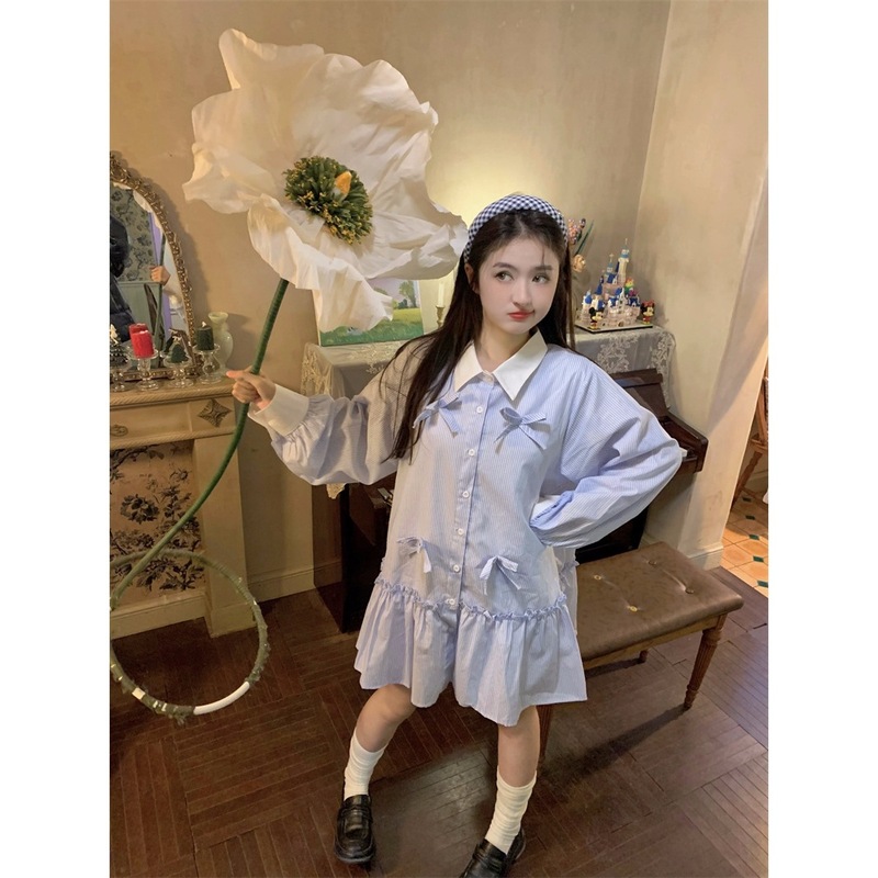 实拍~新款韩系甜美减龄重工立体蝴蝶结压褶宽松长袖连衣裙女88731|undefined