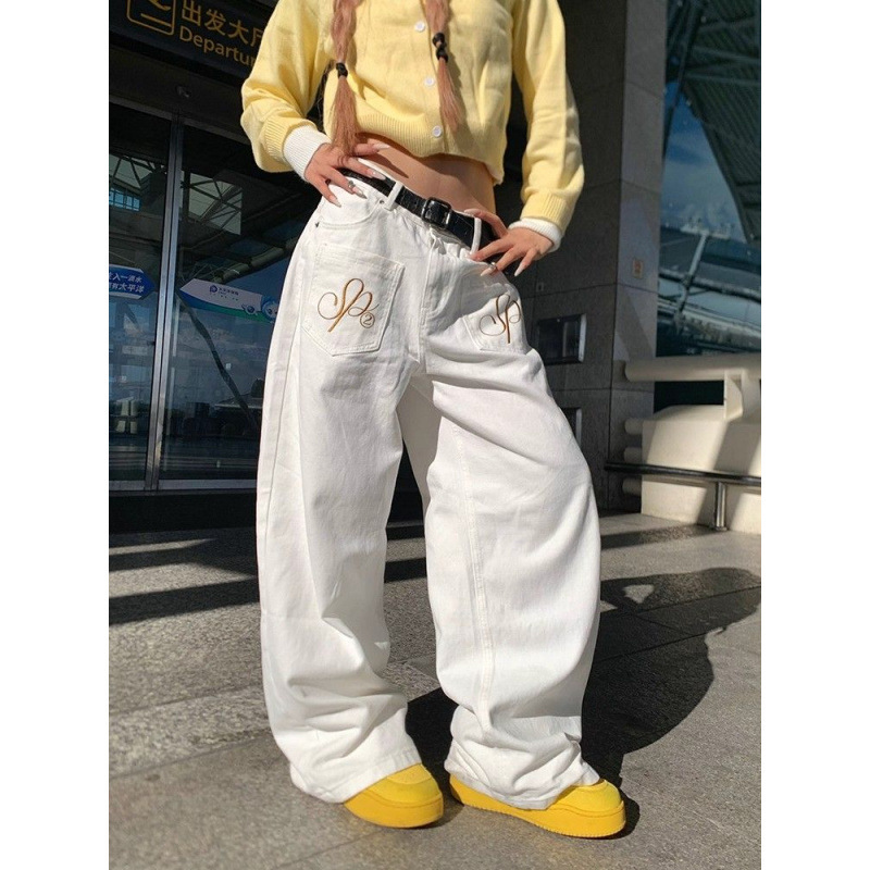 美式复古字母翅膀刺绣直筒牛仔裤男女春秋新款宽松休闲阔腿长裤潮|undefined