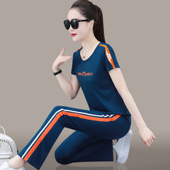 Women's Wide Leg Pants Sports Set Summer 2022 New Korean Style Short Sleeve Running Casual Outfit Summer Stylish Two-Piece Set