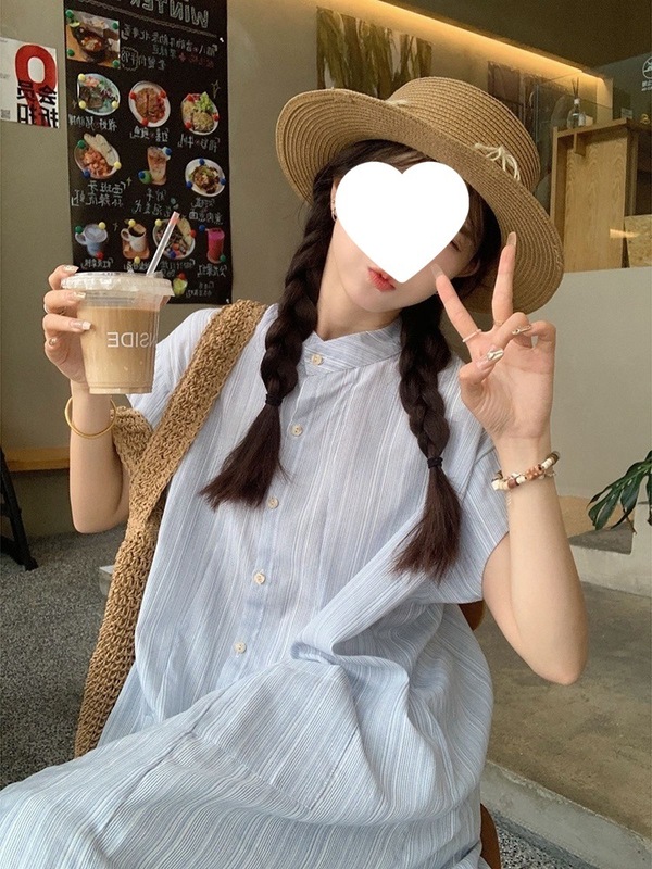 蓝色条纹短袖衬衫连衣裙女夏季2025新款韩系宽松中长款叠穿两件套|undefined