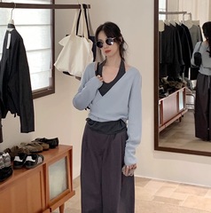 韩系挂脖假两件针织衫女2025秋季新款设计感小众别致长袖上衣