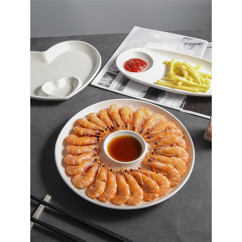 Water Dumpling Plate with Vinegar Dish Bowl Porcelain Dumpling Special Plate Creative Household Dish Plate French Fries Shrimp Plate