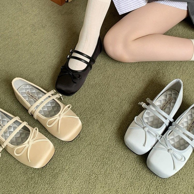 JIAMEIRUI 法式缎面方头蝴蝶结一字带玛丽珍鞋甜美平底芭蕾舞鞋女|undefined