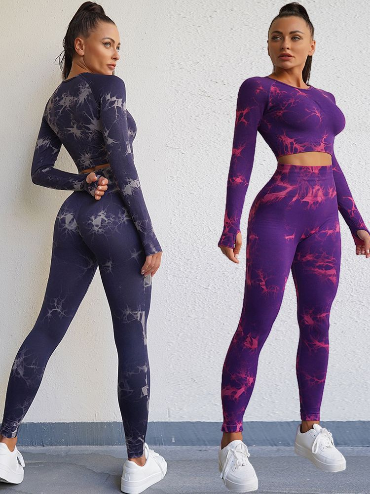 Trajes deportivos tie-dye europeos y americanos cuidadosamente seleccionados para mujer, pantalones deportivos ajustados de cintura alta que levantan los glúteos, ropa de yoga transpirable para fitness al aire libre