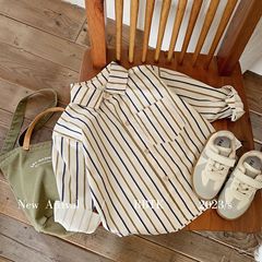 兒童襯衫2024邦誠春季新品男童韓版小復古襯衫豎條口袋襯衣 F0042