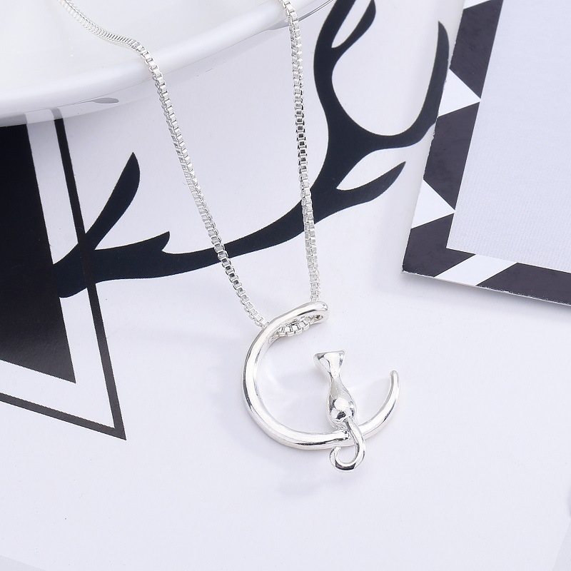 Nuova versione coreana minimalista e alla moda versatile collana in argento con gatto e luna per uomo e donna con ciondolo a forma di gattino carino_voghion.com