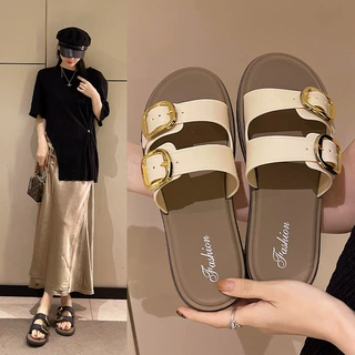 严选平底一字拖女款2024夏季新款一脚蹬懒人百搭外穿皮带扣沙滩凉