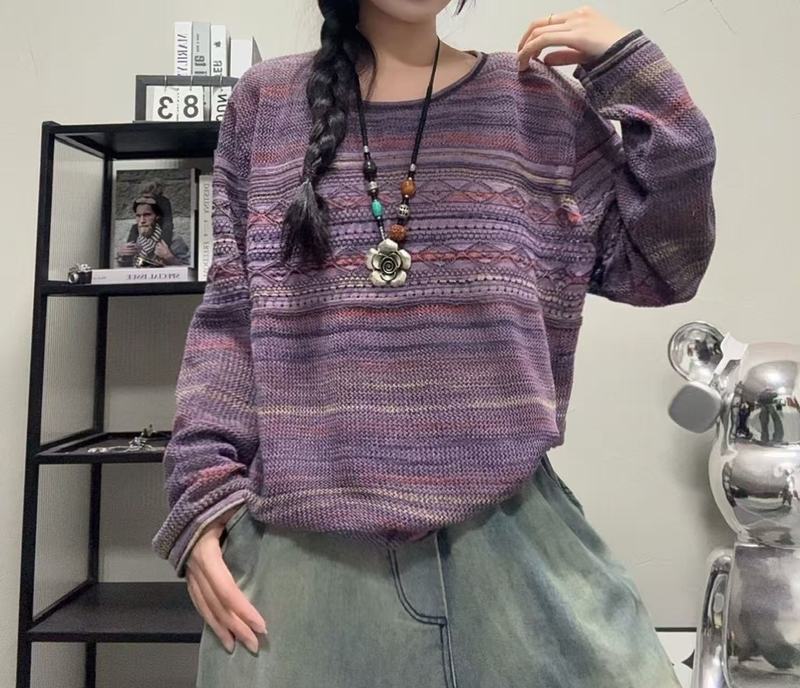 2025秋新款 复古宽松圆领套头渐变彩线毛衣女 百搭慵懒针织衫上衣|undefined