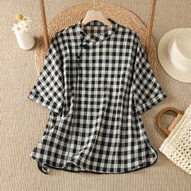 夏季新品宽松禅意茶服休闲衬衫女新中式格纹侧开叉斜襟立领衬衣女