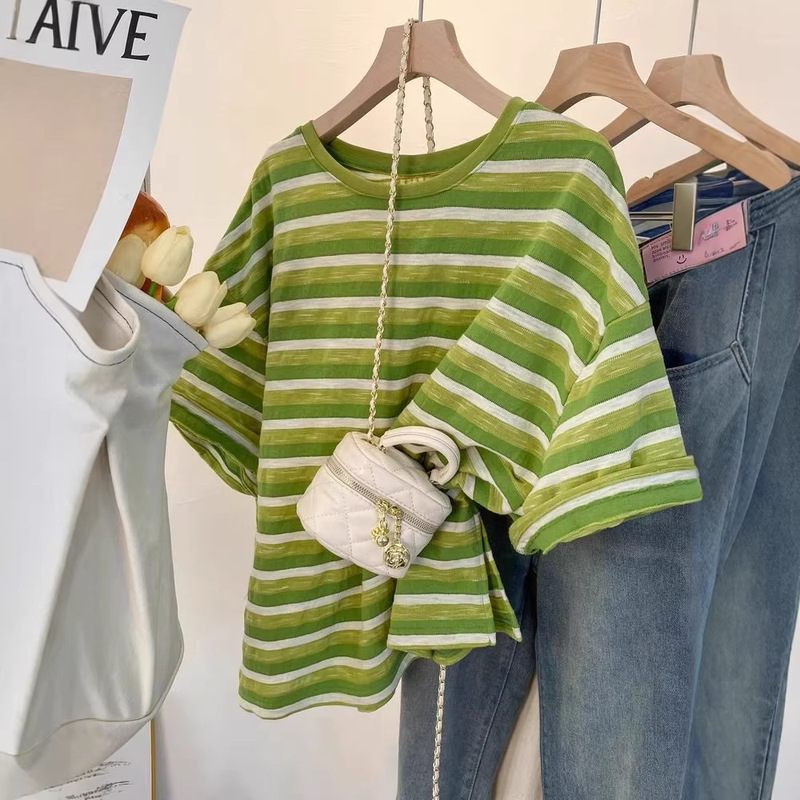 Plus-Size Women's Regular Shoulder 120kg Large Size Super Flattering Color-Block Striped Round Neck Versatile Short-Sleeve T-Shirt for Summer Loose Fit Top