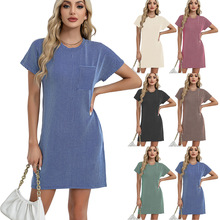 亚马逊女装2025休闲撞色短袖t恤连衣裙口袋设计中长裙款潮人显瘦