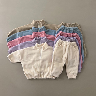 2024 Autumn Baby Double-Sided Velvet Stand Collar Sports Suit Baby Spring and Autumn Velvet Suit Baby Outerwear Two-Piece Set