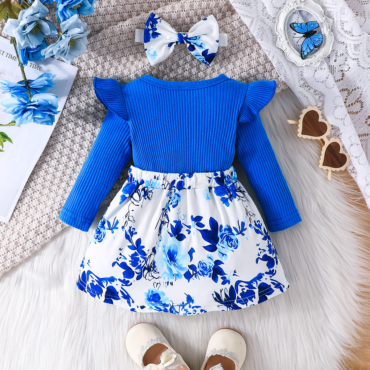 Baby Mädchen Kleidung Set Langarm Kleid Mit Schleifenmuster_voghion.com