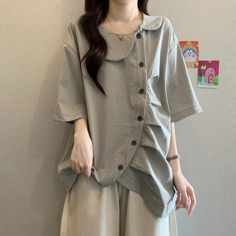 Designed Pleated Short-Sleeved Shirt, New Summer Style Plus-Size Women's Clothing, Loose Top with Doll Collar for Fat Girls 150kg