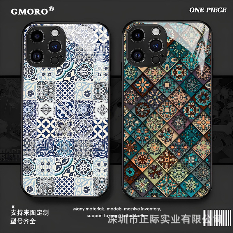 Retro Blue and White Porcelain Geometric Collage Totem Checkerboard Phone Case for Apple 16/17 Pro Max Tempered Glass Case Retro Blue and White Porcelain Geometric Collage Totem Checkerboard Phone Case for Apple 16/17 Pro Max Tempered Glass Case