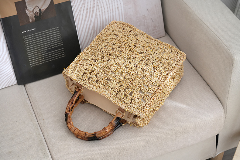 Strohtasche Mit Bambusgriff Und Blumen-applikation Für Damen_voghion.com
