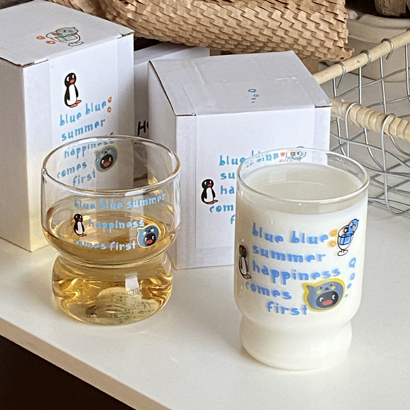自制夏季可爱企鹅玻璃杯 小众ins简约高高硼硅水杯 耐高温|undefined