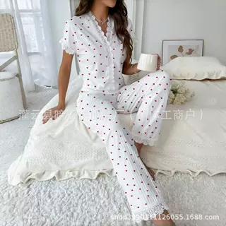 欧美跨境热销家居服爱心印花长袖翻领睡衣女可外穿长裤两件套套装