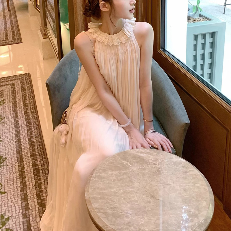 Capri Midsummer Fairy Silk Embroidered Petal Collar Halter Skirt Pleated Sleeveless Loose Lazy Style Dress