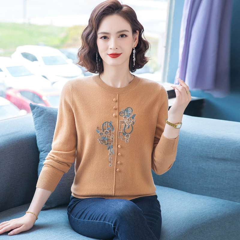 Новая мама осенняя одежда Новый китайский трикотажный чистый шерстяной рубашка среднего и пожилого женского женского стиля топы осенняя и зимняя шерстяная одежда