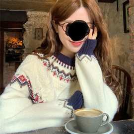 费尔岛绞花撞色毛衣女2025秋冬季新款韩系百搭复古慵懒保暖上衣潮