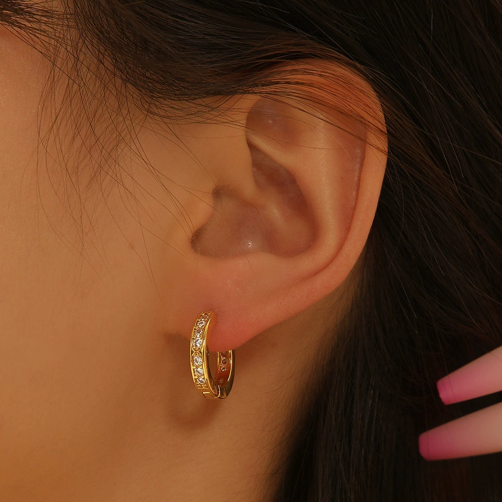 Round Three-Row Zircon Earrings for Women, Simple Fashion Trendy Ear Hoops, Wholesale detail image 7