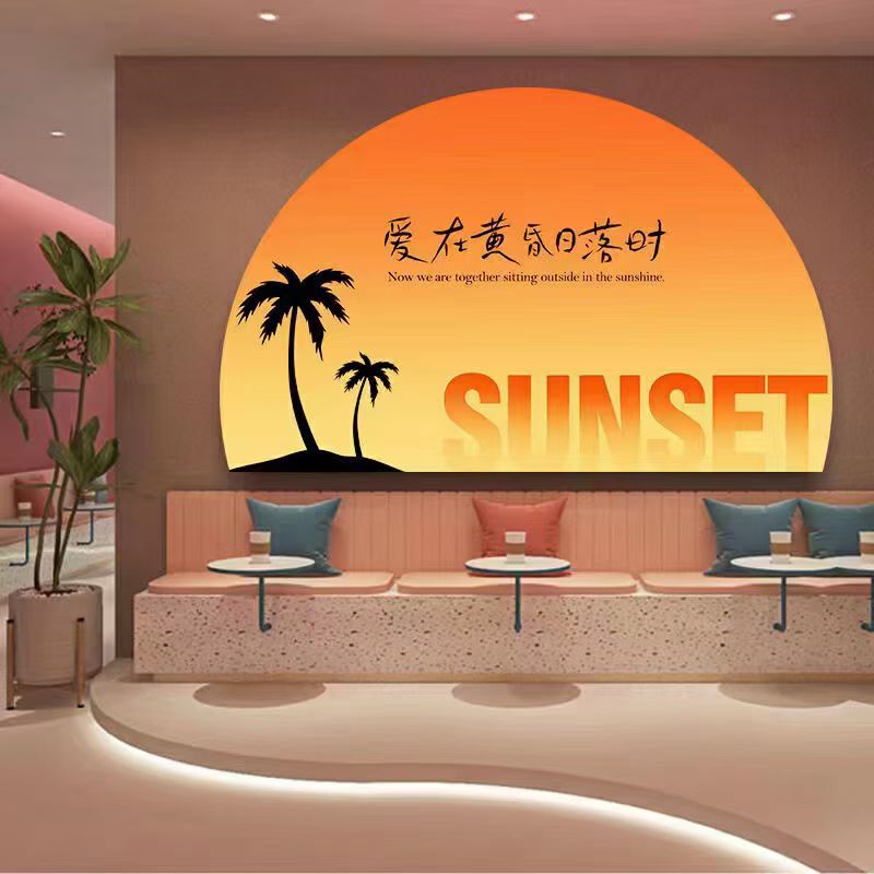 Red puesta de sol semicircular caja de luz personalizada bar barbecue tienda de tarjeta perforada pared de fondo puesta de sol atmósfera LED