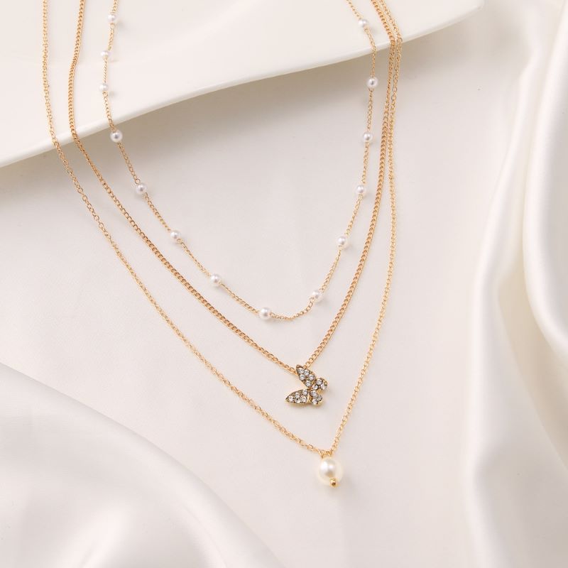 Alloy Chain Material 1 Set Quantity Elegant Streetwear Butterfly Rhinestones Imitation Pearl Alloy Wholesale Three Layer Necklace