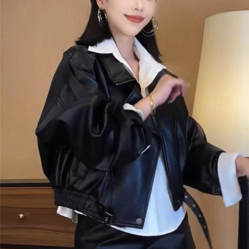 Hong Kong Style Leather Jacket for Women 2026 Spring and Autumn Cool Short Biker Leather Jacket for Petite Women Trendy Short Top