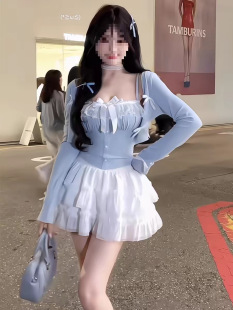 甜美純欲蕾絲拼接吊帶上衣針織長袖開衫高腰蓬蓬半身短裙三件套裝