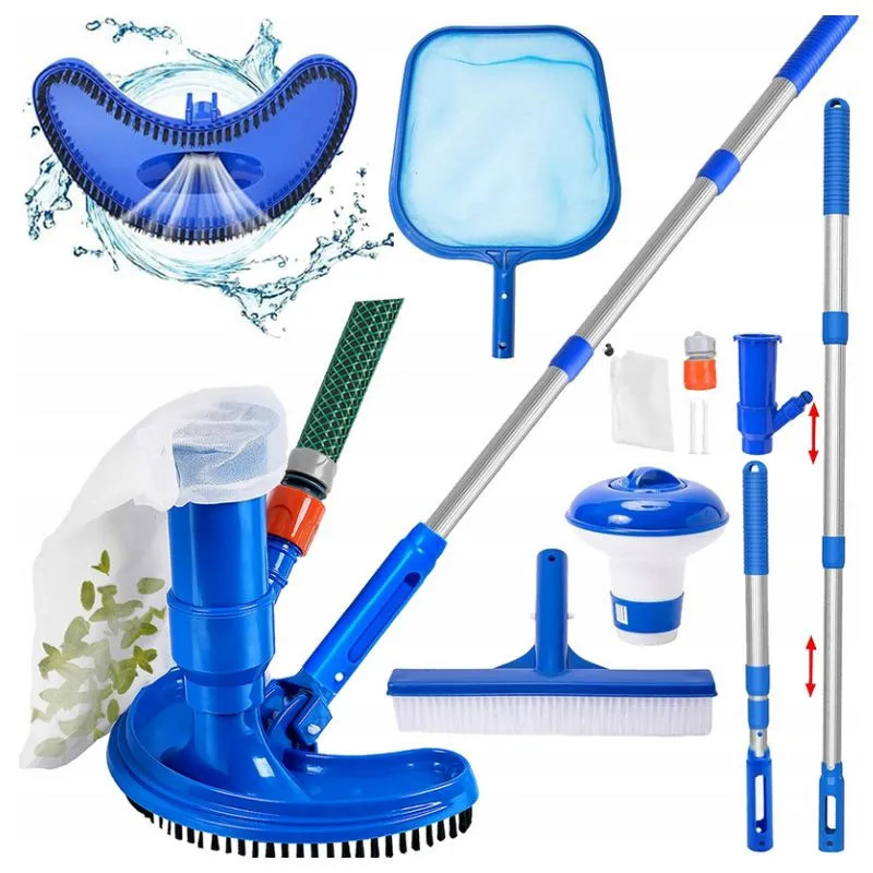 Pool Vacuum Suction Head Accessories with Telescopic Three-Section Aluminum Rod Suction Set with Bottom Brush Filter Bag Cleaning Tool