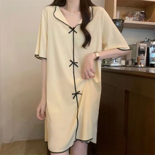 Ladies' Summer Ice Silk Sleep Gown, Loose QQ Dress with Butterfly Bow, Home Short Sleeve Gown, Thin Pajama Dress for Women