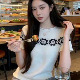 费尔岛毛衣慵懒高级感女早春季新款修身套头针织衫短袖通勤风上衣