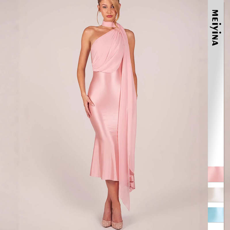 2026 European and American New Cross-Border Women's Fashion Sexy Slim-Fit Halter High-End Stretch Satin Bodycon Dress with Ribbons