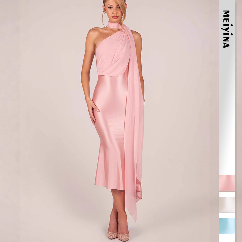 2026 European and American New Cross-Border Women's Fashion Sexy Slim-Fit Halter High-End Stretch Satin Bodycon Dress with Ribbons 2026 European and American New Cross-Border Women's Fashion Sexy Slim-Fit Halter High-End Stretch Satin Bodycon Dress with Ribbons