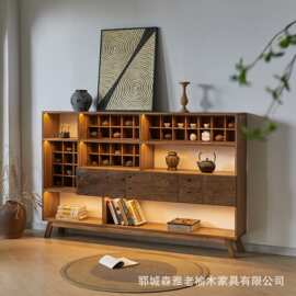 侘寂风边柜客厅矮柜复古餐边柜客厅多宝阁储物架玄关老榆木收纳柜