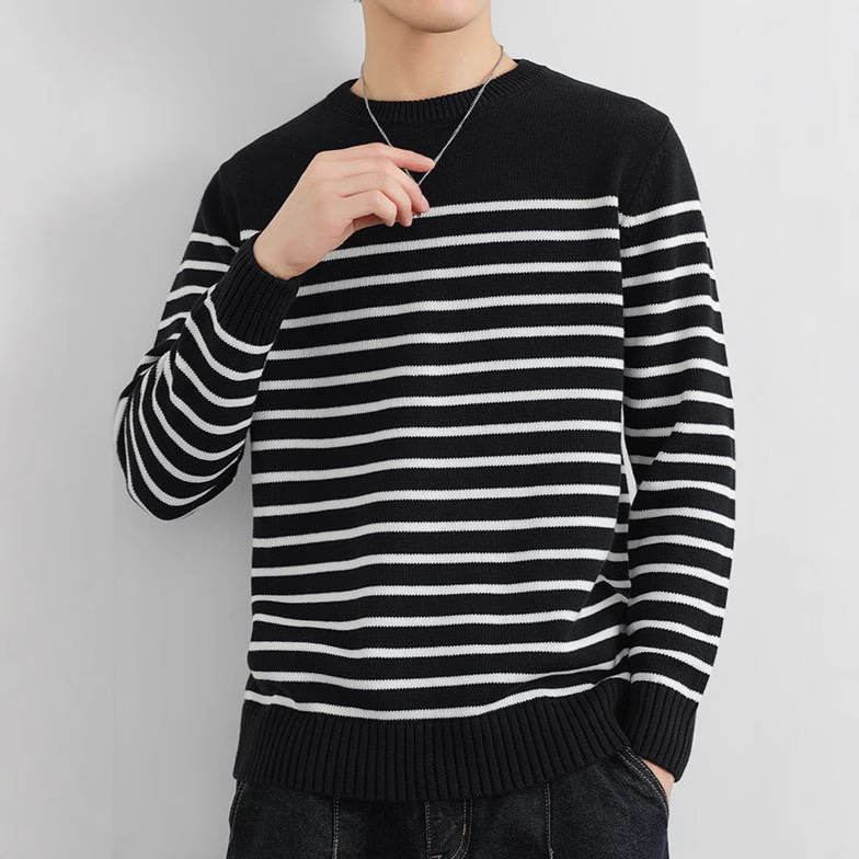 Japanese-Style Striped Knit Sweater for Men, Autumn and Winter 2024, Color-Blocking Base Layer Warm Long-Sleeve Shirt