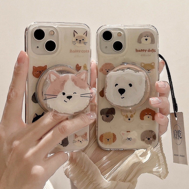 磁吸殼貓咪狗狗支架iPhone15手機殼適用蘋果14/13promax硬殼12油