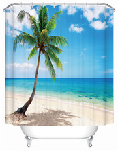 厂家来图直供亚马逊椰树沙滩系列数码印花浴室浴帘12塑料挂钩配件