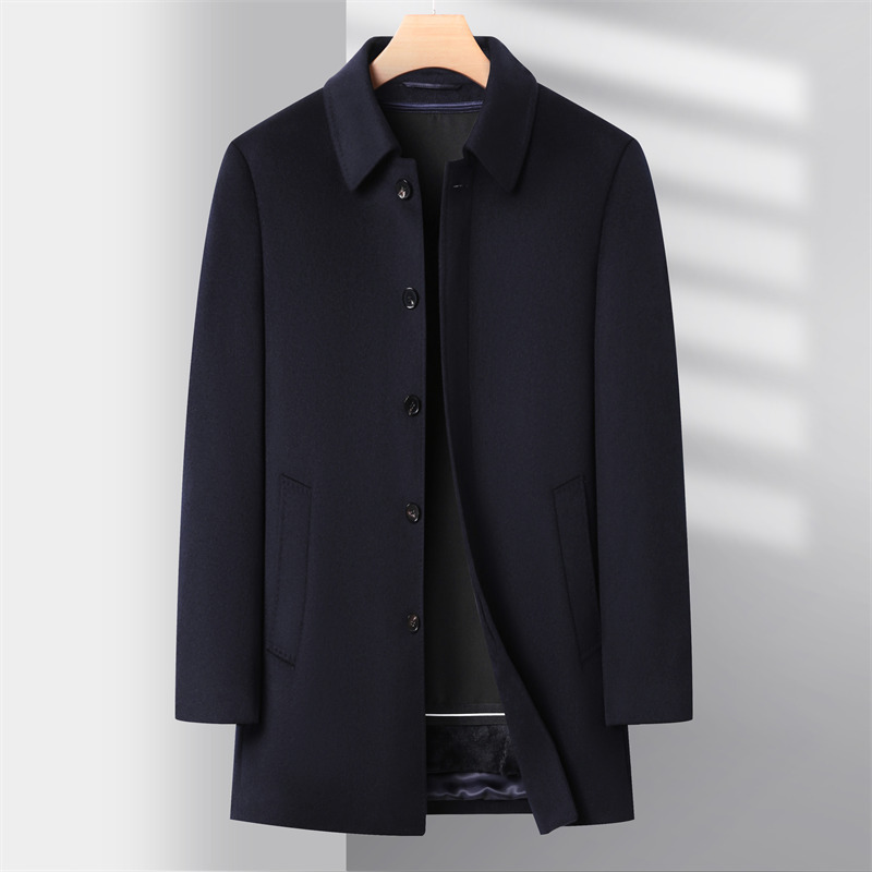 100% cashmere men's single-breasted coat with rabbit fur lining and detachable goose down sleeves.