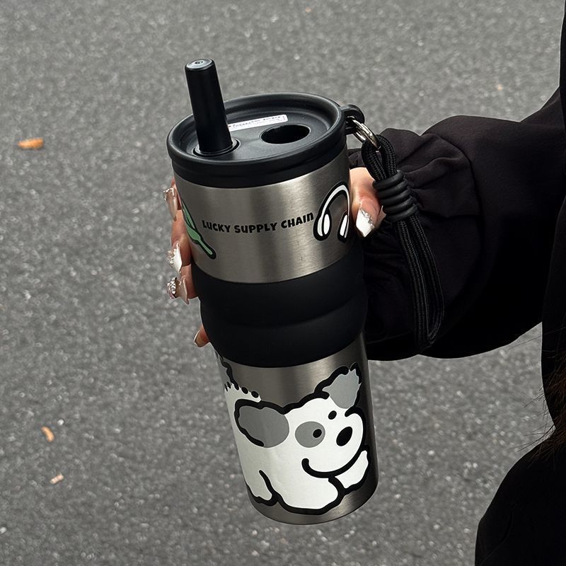 ポータブルコーヒーカップ、シンプルカップ、女性用大容量ウォーターカップ、車用ストローカップ、高価値セラミックライナー魔法瓶カップ|undefined