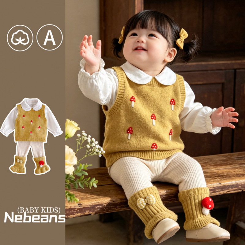 Lebinjia Autumn and Winter Knitted Wool Clothing Set for Girls, Little Mushroom Korean Style Yellow Collared Shirt and Pants