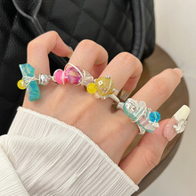 ins冷淡风夏日手工串珠天然石戒指女小众彩色透亮原石缠绕食指戒