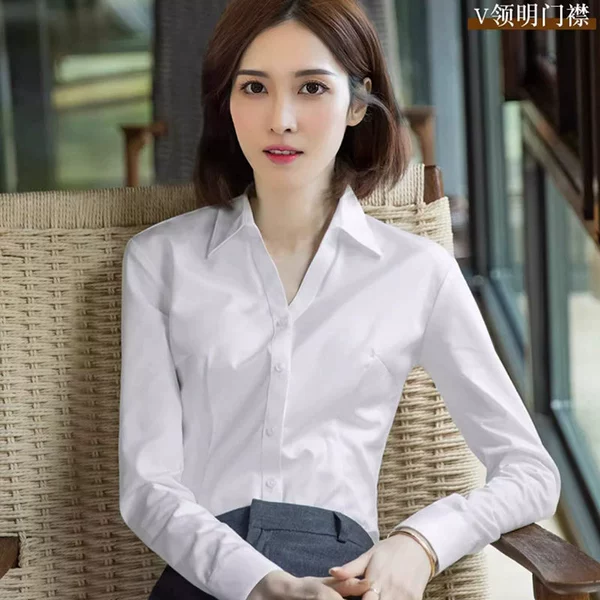 White long-sleeve, V-neckline