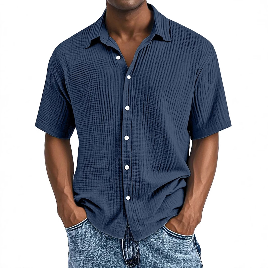 2025-Spring and Summer European and American Amazon Independent Station Men's Short-Sleeved Lapel Shirt Double-Layer Wrinkle Casual Shirt