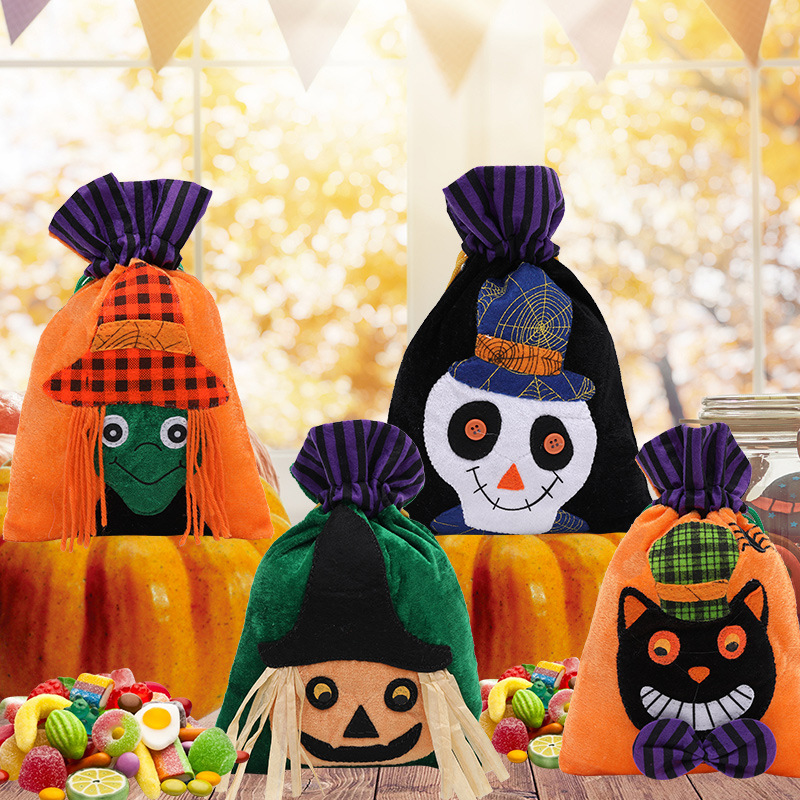 Halloween cross-border new drawstring pocket cartoon velvet pumpkin bag candy bag children's gift party decoration