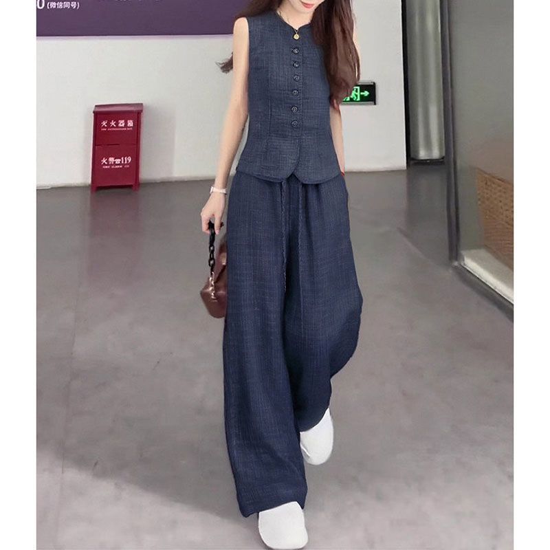 韓国の美しい夏の女性用小さなスーツ、夏の高級ピュアリネンスリムベスト、ワイドレッグパンツ、一式セット|undefined