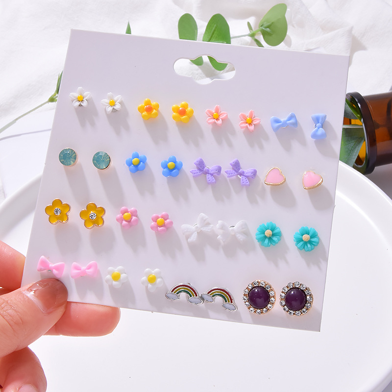 Tide Rainbow Small Daisy Simple Color Flower Bow 20 Pairs Of Earrings Set display picture 1